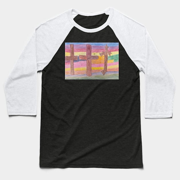 Three Wooden Crosses with Rainbow Background Baseball T-Shirt by PodmenikArt